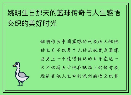姚明生日那天的篮球传奇与人生感悟交织的美好时光
